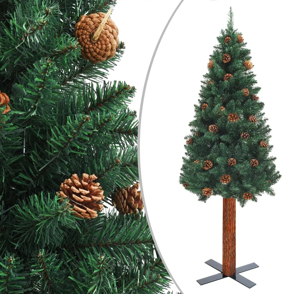 vidaXL Kerstboom met LED's en hout en dennenappels smal 210 cm groen