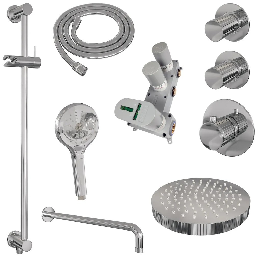 Brauer Stripe inbouw regendouche met 25cm hoofddouche, gebogen muurarm en 3 standen handdouche en glijstang set 11 chroom