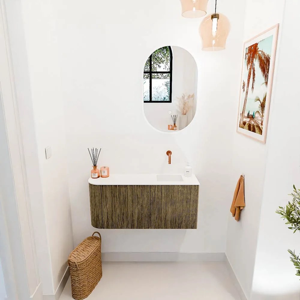 Mondiaz Joya 90cm toiletmeubel ronding links dusk met wastafel faye rechts zonder kraangat talc