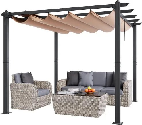 VEVOR 2,97 x 2,97 m intrekbare pergola met luifel, aluminium pergola met intrekbare luifel, moderne pergola met zonnescherm voor patio's, tuinen en terrassen (beige)