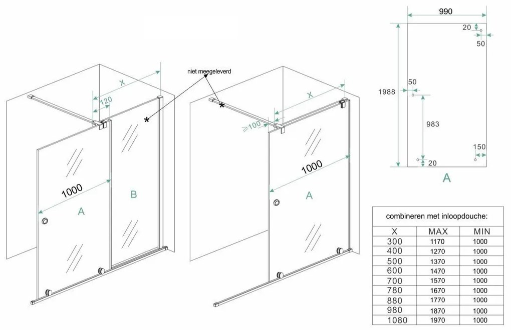 Mueller inloopdouche schuifdeur op rail 100x200cm
