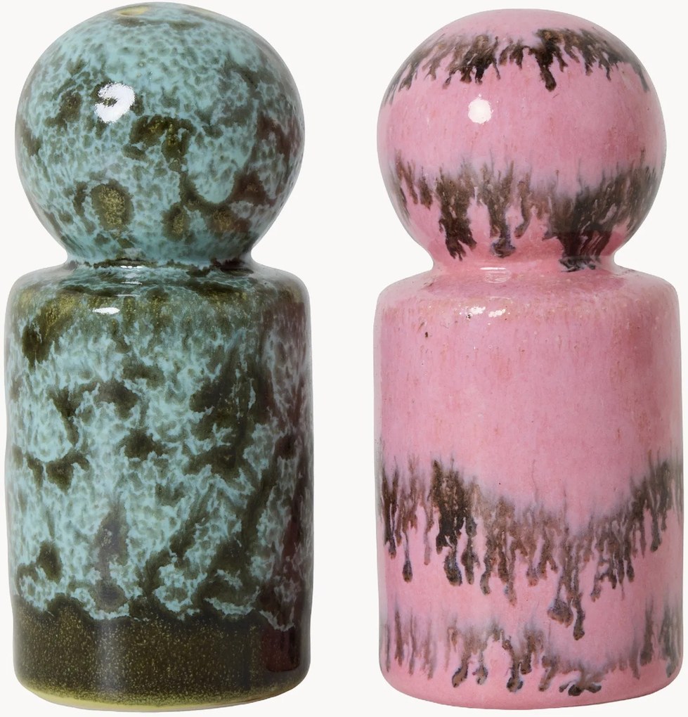 Handgemaakte zout- & peperstrooier 70's met reactief glazuur, 2-delig