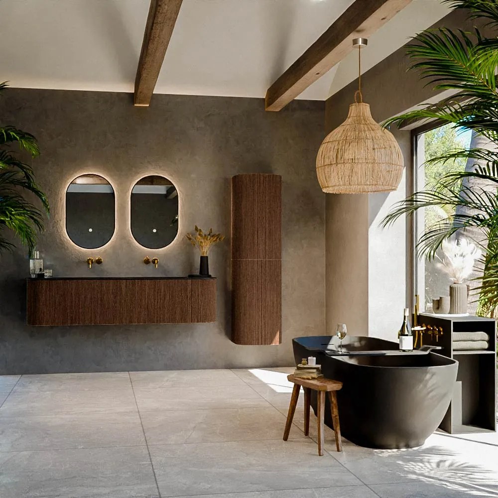 Mondiaz Kurve 170cm badmeubel ronding links/rechts walnut met 1 lade en 2 deuren en wastafel cloud dubbel zonder kraangat urban