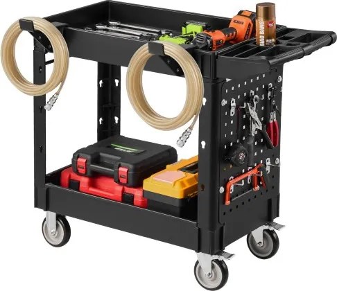 VEVOR Servicetrolley, Werkplaatstrolley, Gereedschapstrolley, PP 1010x440x845mm Zwart, Roltrolley met een draagvermogen van 250 kg, Incl. 2 zwenkwielen, ophanghaken en handgreep met opbergvak, Multifunctionele trolley voor garage en werkplaats