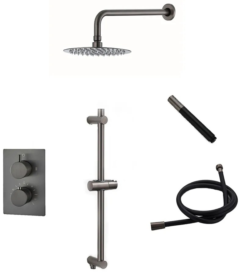 Saniclear Iron Pro inbouw regendouche met wandarm, 20cm hoofddouche en glijstang verouderd ijzer - gunmetal
