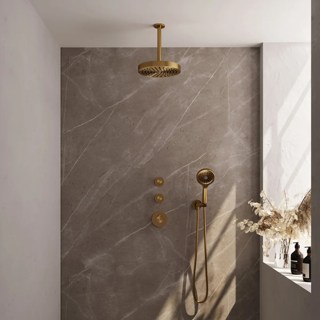 Brauer Stripe inbouw regendouche met 25cm hoofddouche, plafondarm en 3 standen handdouche set 6 messing geborsteld PVD