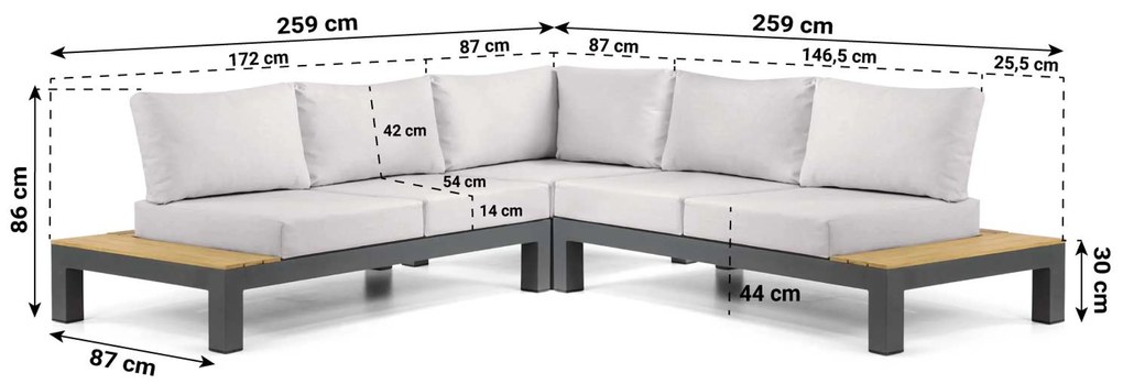 Loungeset 5 personen Aluminium/Teak Grijs Lifestyle Garden Furniture Vittoria