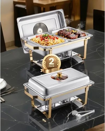 VEVOR Chafing Dish Set RVS Voedselwarmer met 4 Half-Size Bakjes (elk 4 L), Rechthoekige Warmtedispenser met Zichtbaar Deksel & Waterpanstandaard & Brandstofhouder, voor Feesten