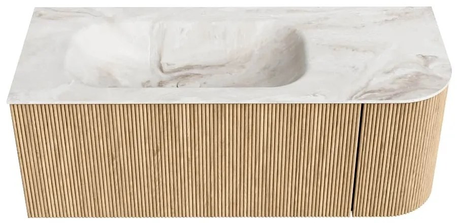 Mondiaz Kurve-dlux 115cm badmeubel ronding rechts oak met 1 lade en deur en wastafel big small kraangat links frappe