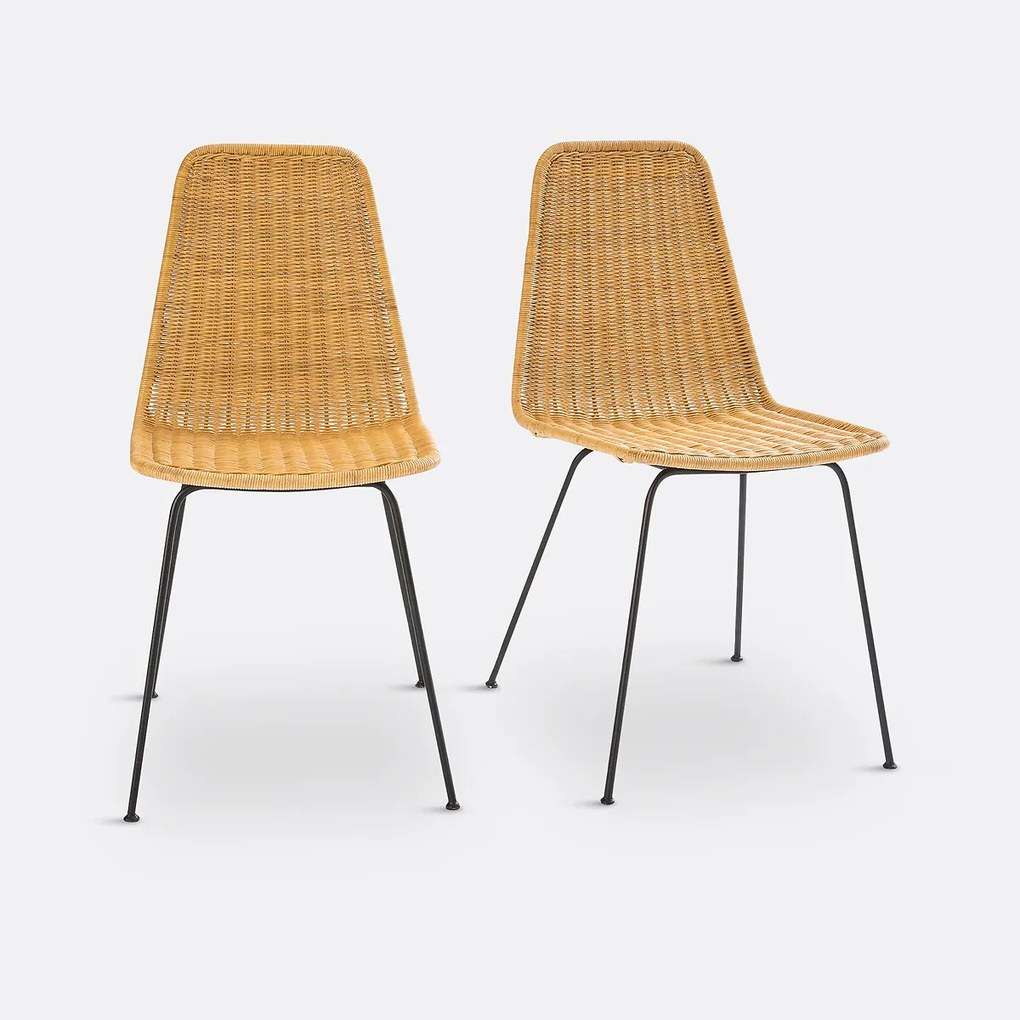 Set van 2 stoelen in gevlochten rotan en staal, Roson