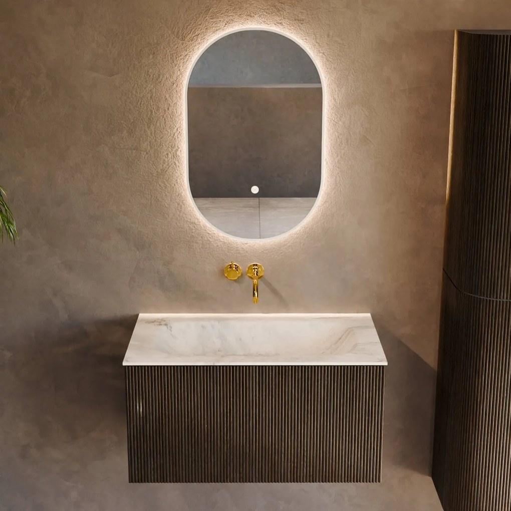 Mondiaz Kurve-dlux 80cm badmeubel shadow met 1 lade en wastafel big small midden zonder kraangat opalo