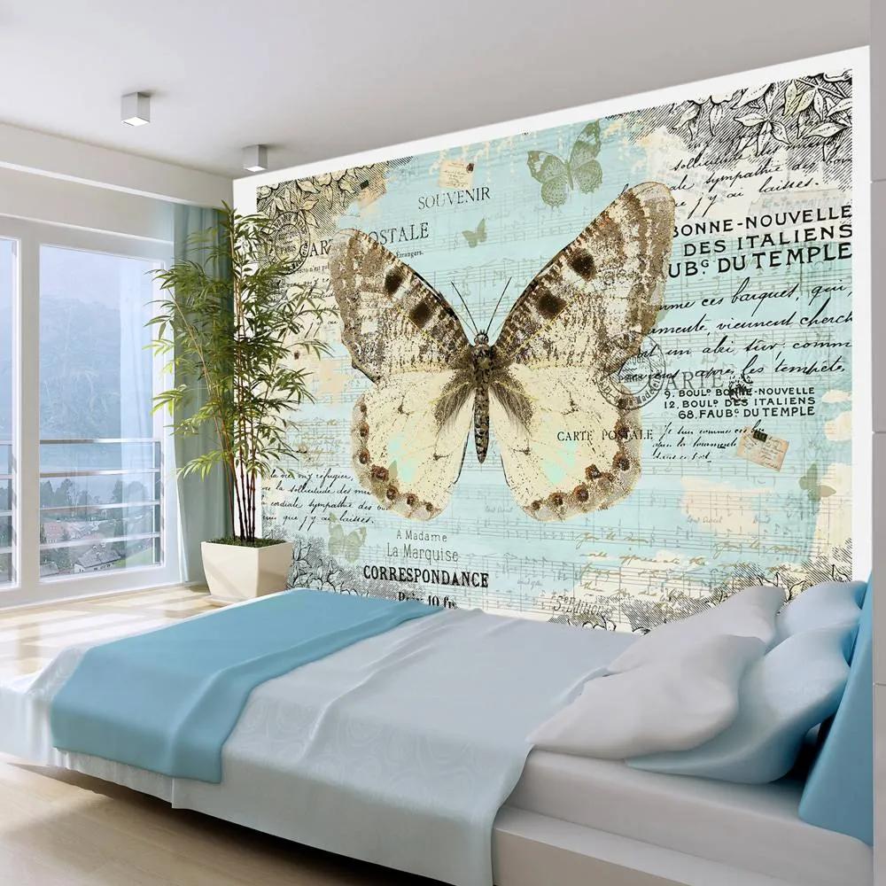 Fotobehang - Ansichtkaart  met Vlinder , beige grijs