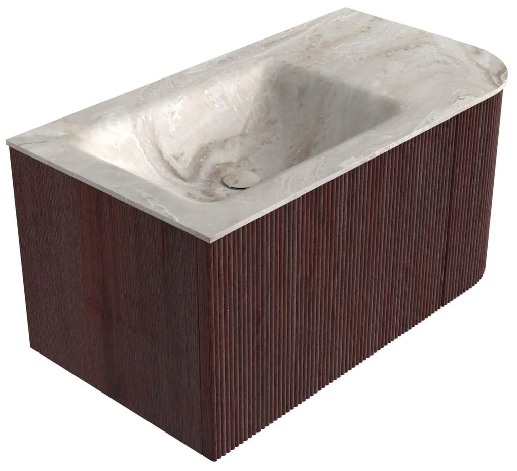 Mondiaz Kurve-dlux 85cm badmeubel ronding rechts ruby met 1 lade en deur en wastafel cloud links zonder kraangat frappe