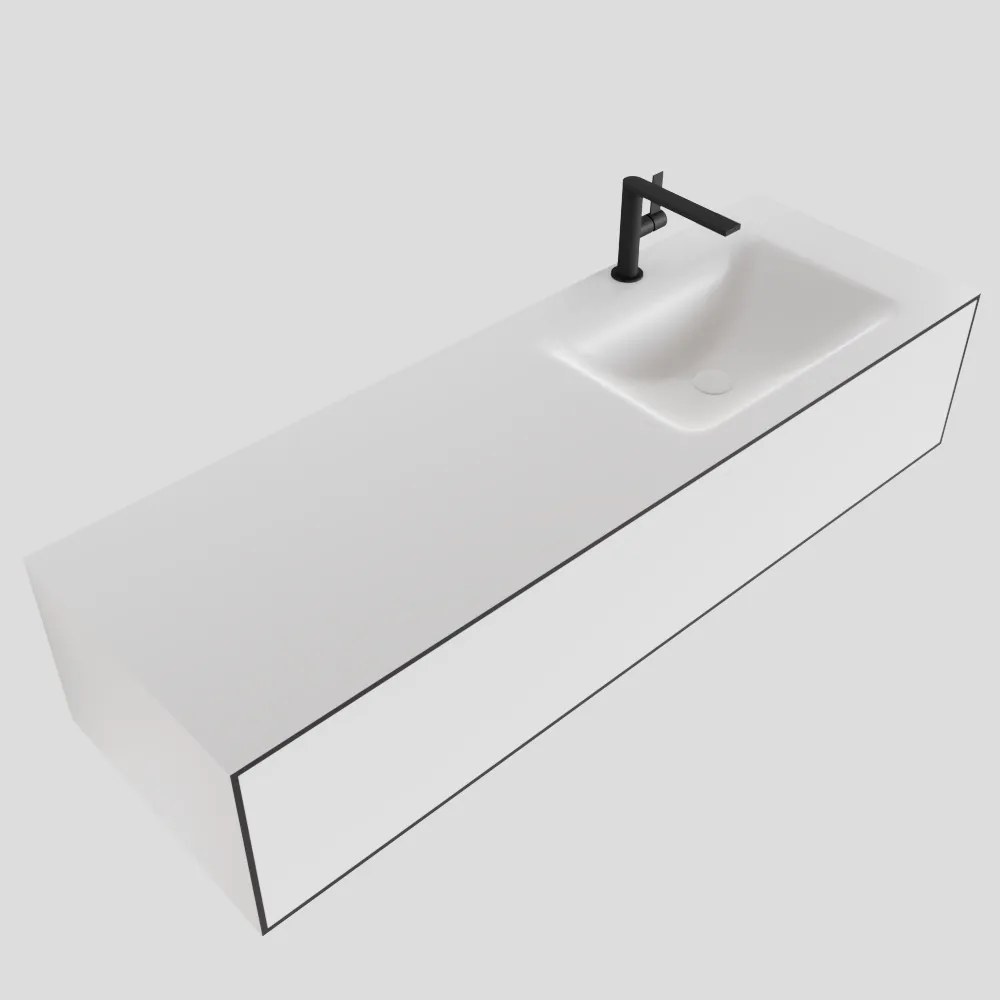 Zaro Lagom volledig naadloos solid surface onderkast 140cm mat zwart met 1 lade Push tot open. Compleet met solid surface wastafel met 1 kraangat(en)