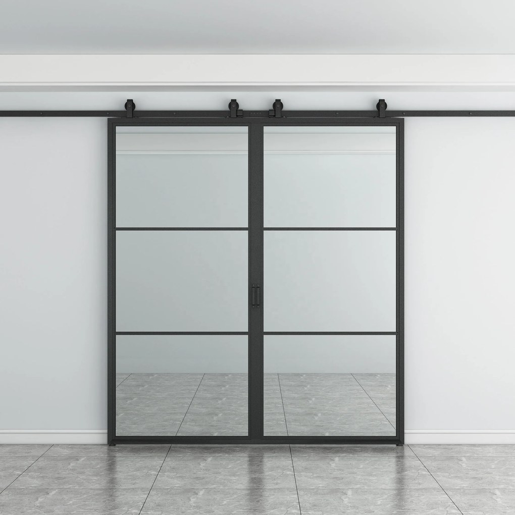 Dubbele Stalen Schuifdeur 3-vaks Helder Glas - Mat Zwart - Incl. Rails