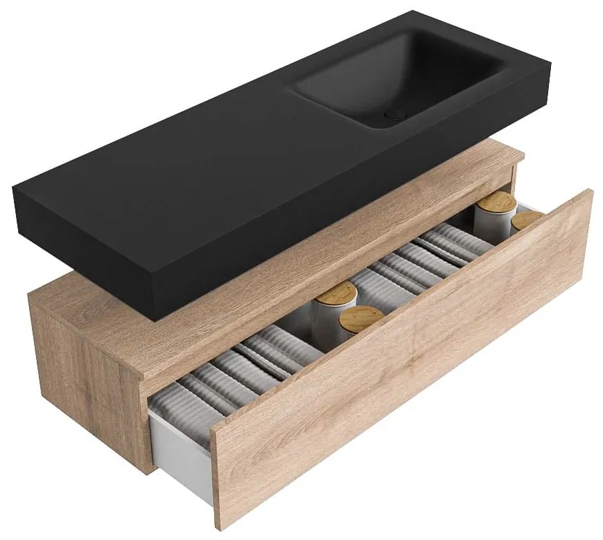 Zaro Alan badmeubel 130cm washed oak 1 lade met vrijhangende wastafel cloud rechts zonder kraangat urban