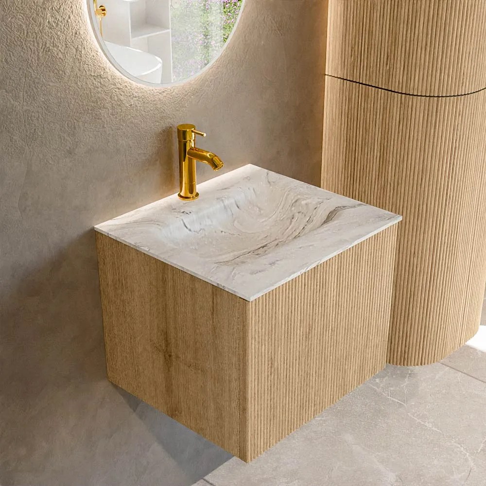 Mondiaz Kurve-dlux 50cm badmeubel oak met 1 lade en wastafel grunne midden 1 kraangat glace