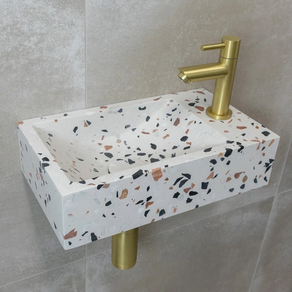 Saniclear Terrazzo fonteinset met rechte kraan in geborsteld messing