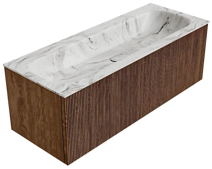 Mondiaz Kurve-dlux 120cm badmeubel walnut met 1 lade en wastafel big large midden 2 kraangaten glace