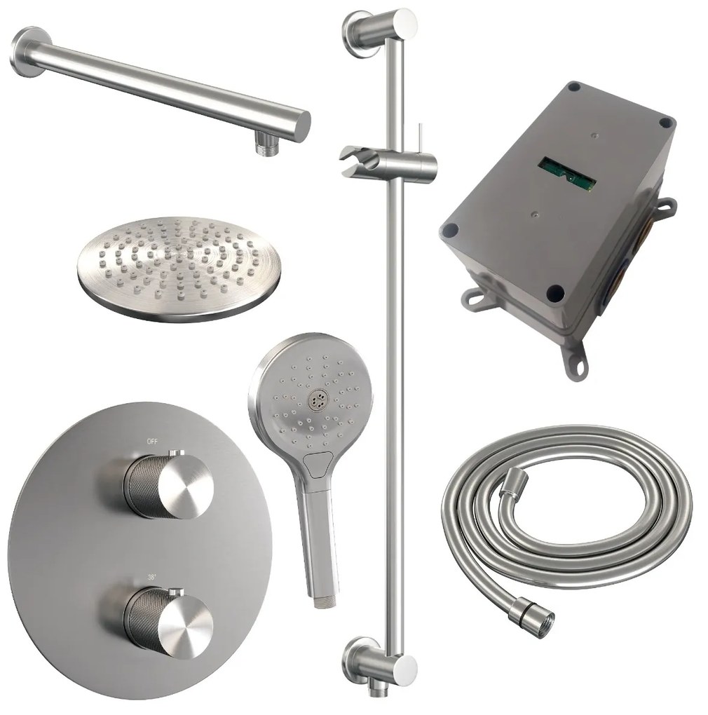 Brauer Brushed Carving thermostatische inbouw regendouche met 3 standen handdouche, rechte muurarm, glijstang en hoofddouche 20cm set 91 RVS geborsteld PVD