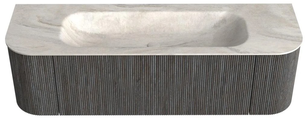 Mondiaz Kurve-dlux 150cm badmeubel ronding links/rechts shadow met 1 lade en 2 deuren en wastafel big medium midden zonder kraangat ostra