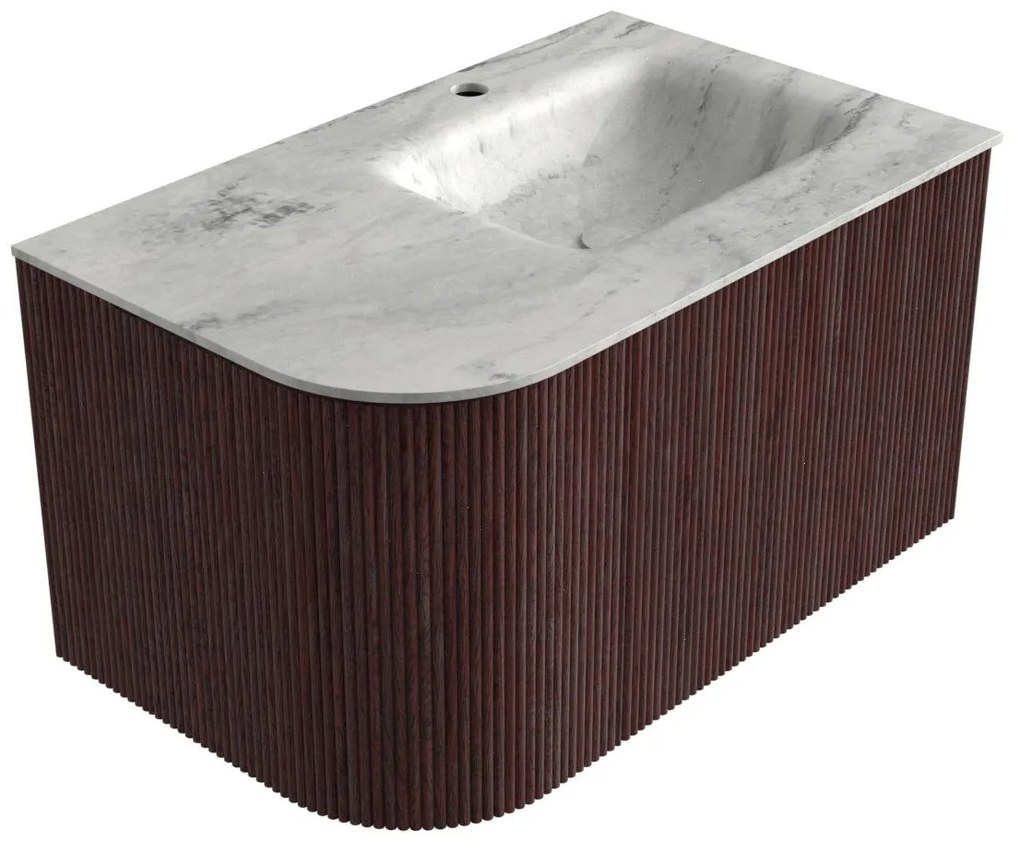 Mondiaz Kurve-dlux 75cm badmeubel ronding links ruby met 1 lade en deur en wastafel grunne kraangat rechts opalo
