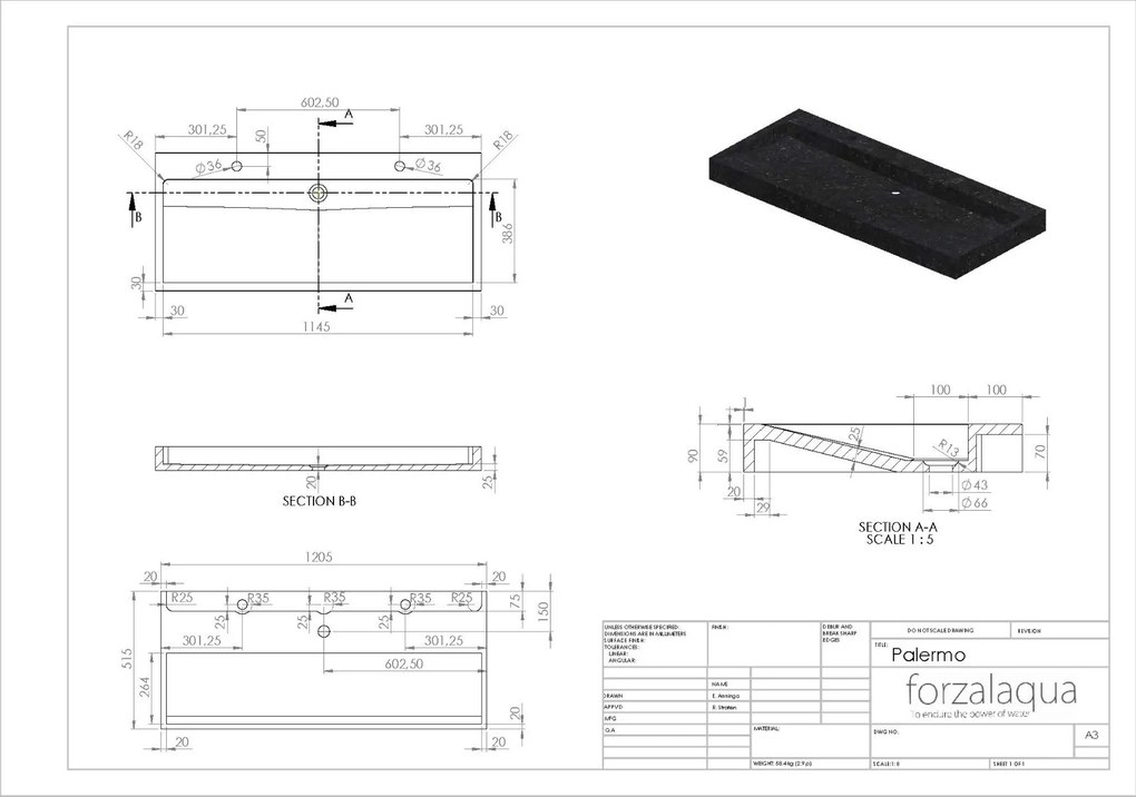 Forzalaqua Palermo wastafel 120x50cm met 2 kraangaten graniet gepolijst