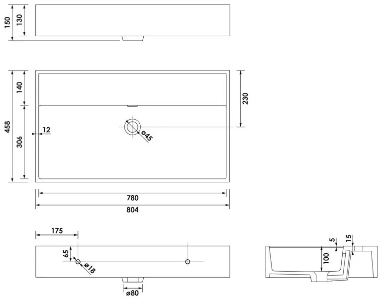 Brauer Gravity enkele wastafel mineraalmarmer 80cm zonder kraangat wit glans