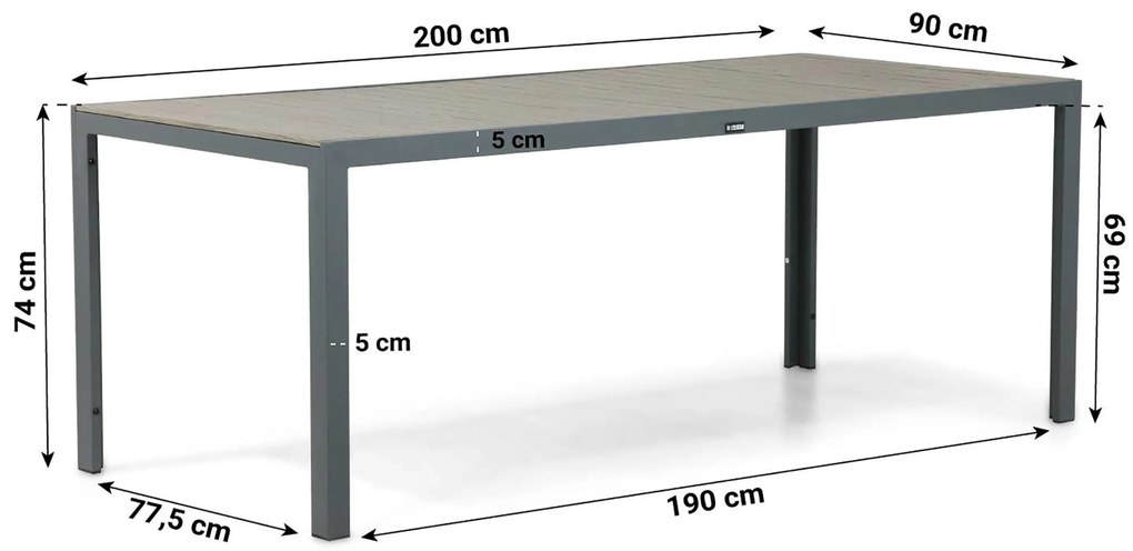 Tuinset 6 personen 200 cm Aluminium/textileen Grijs Domani Furniture Verde/Solare