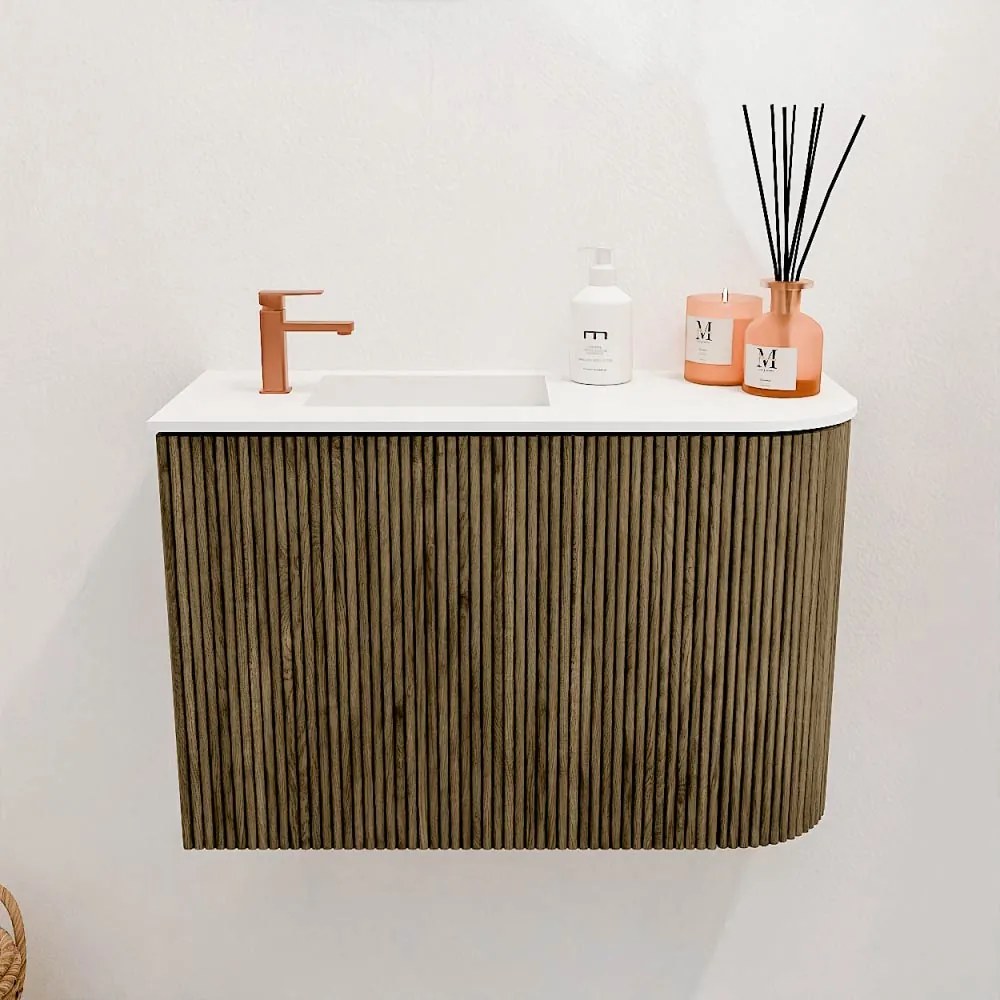 Mondiaz Joya 60cm toiletmeubel ronding rechts dusk met wastafel faye links 1 kraangat talc