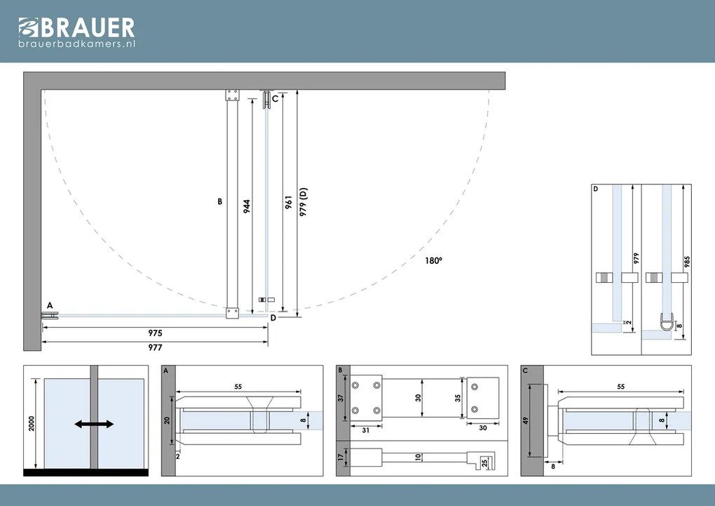 Brauer Void profielloze douchecabine 100x100cm RVS geborsteld PVD