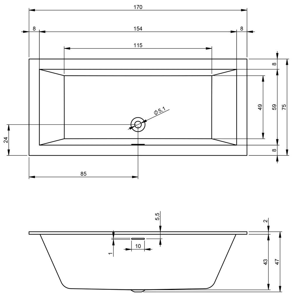 Riho Rethink Cubic half vrijstaand bad 170x75cm midden wit glans met Fall overloop