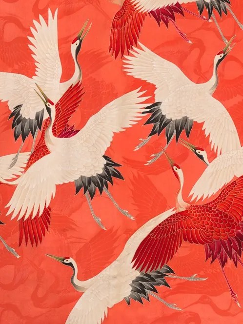 Kimono with Cranes . Red
