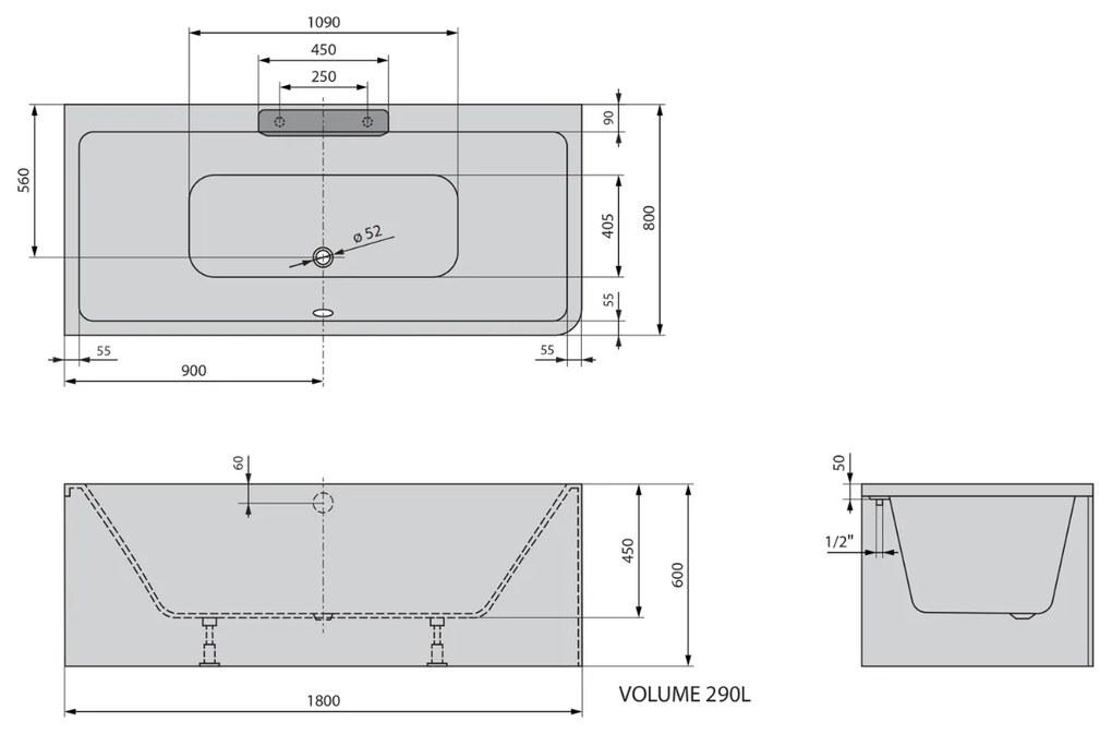 Polysan Monolith Cascata links half vrijstaand bad met RVS waterval uitloop 180x80cm