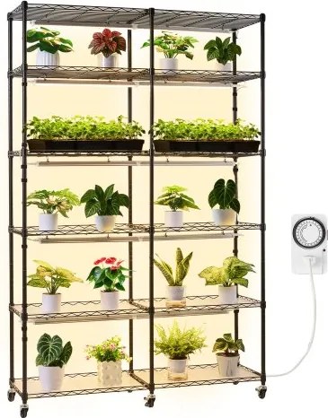 VEVOR plantenrek met kweeklamp, 6-laags, dubbele laag plantenstandaard voor binnen met wielen en timer, 200W full-spectrumlampen, bloemenrek voor zaaien, 120x35x180cm