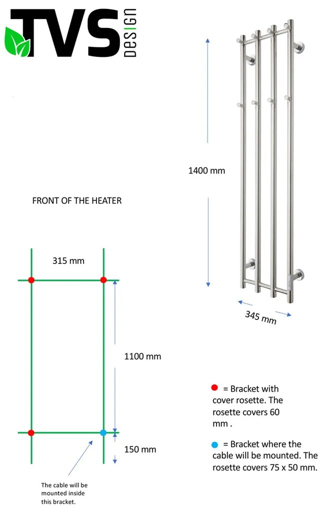 TVS Design Eldo 4 elektrische radiator rond zwart 120W 140x34,5cm