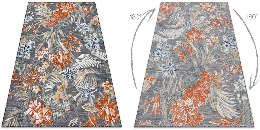 Tapijt Structural BOTANIC 65262 bloemen, plat geweven op het balkon, terras - zwart