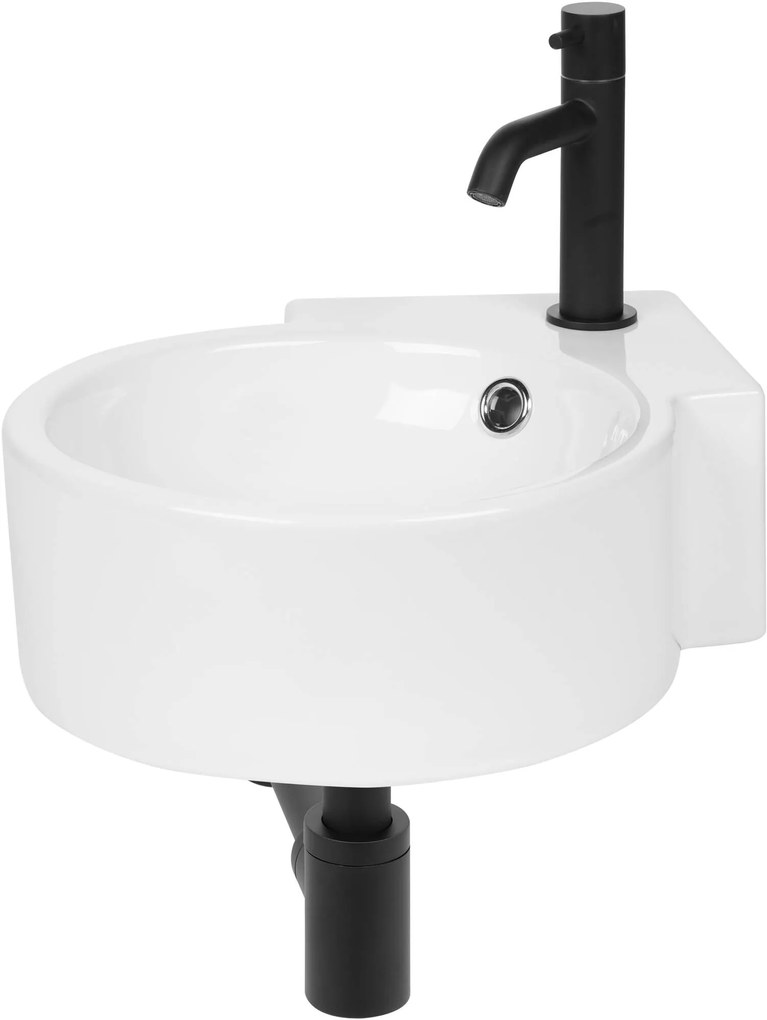 Saqu Rondo hoekfonteinset met mat zwarte kraan glanzend wit keramiek