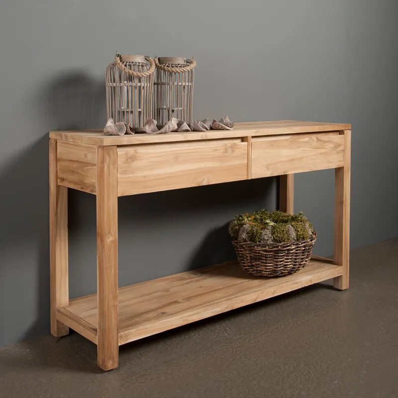 Sidetable Teakhout Met 2 Lades - 130 X 38cm.