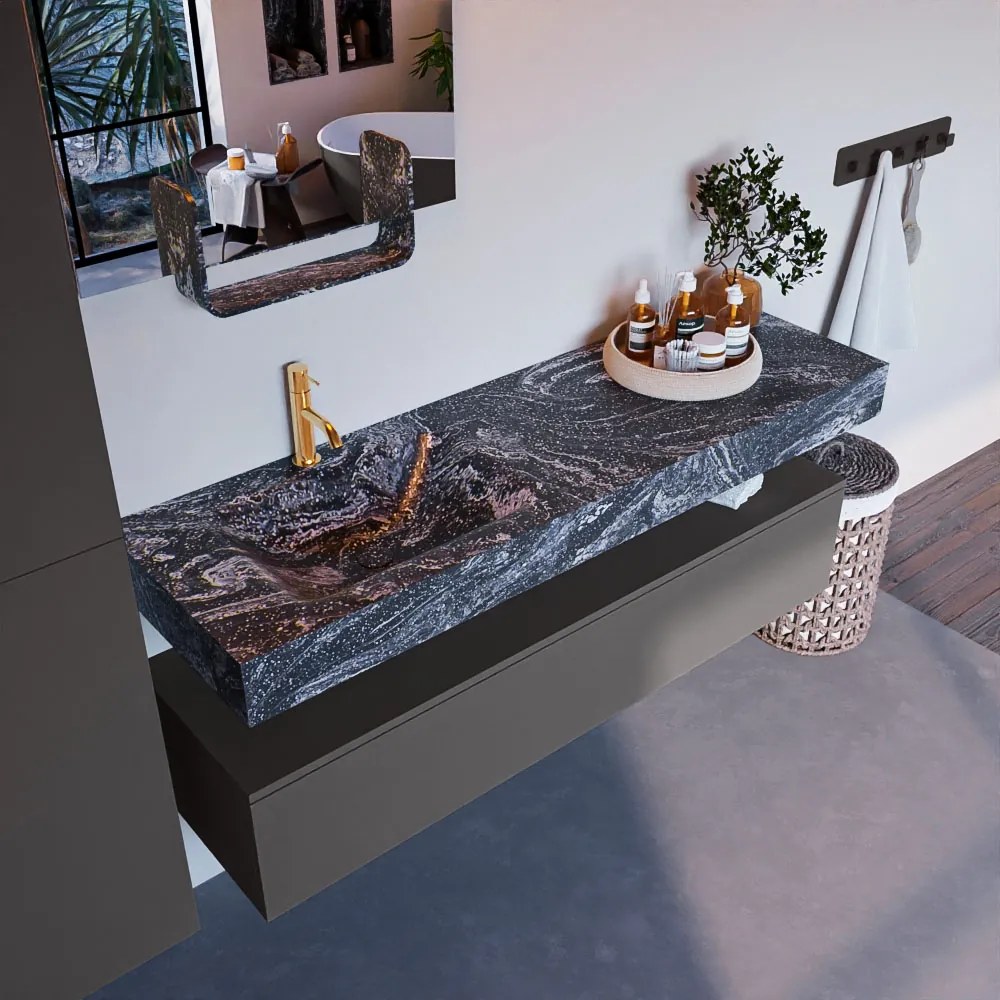 Mondiaz Alan DLux badmeubel 150cm dark grey 1 lade met wastafel lava links 1 kraangat