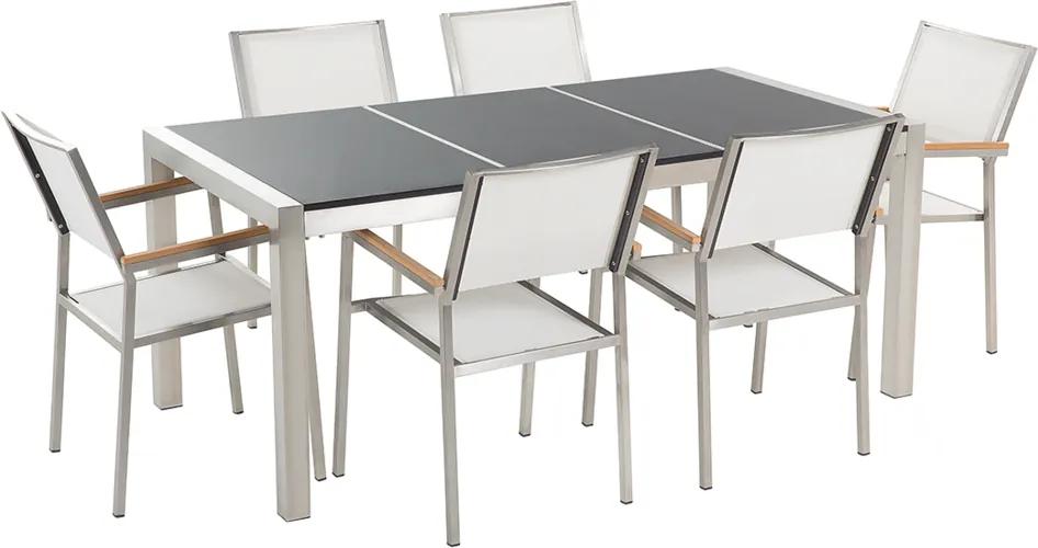 Tuinset gepolijst graniet/RVS zwart driedelig tafelblad 180 x 90 cm met 6 stoelen wit GROSSETO