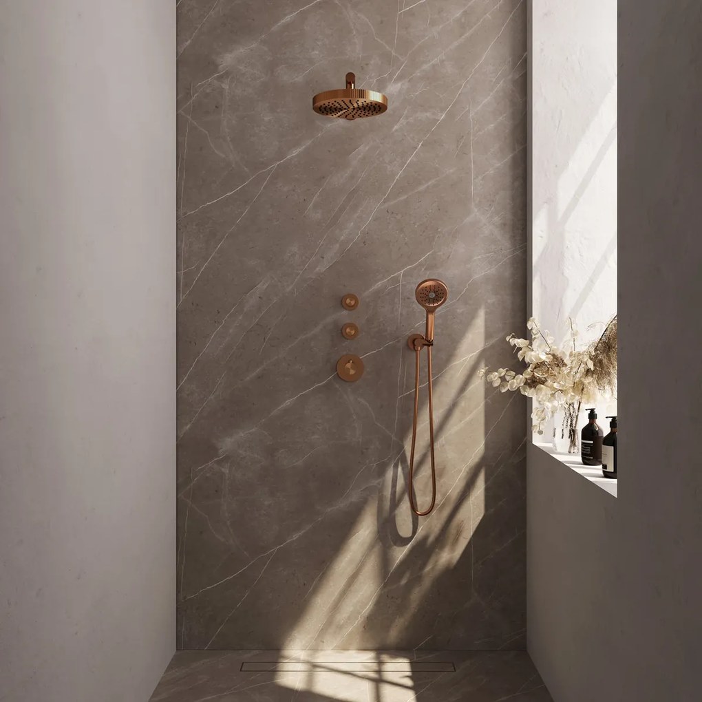 Brauer Stripe inbouw regendouche met 25cm hoofddouche, rechte muurarm en 3 standen handdouche set 4 koper geborsteld PVD