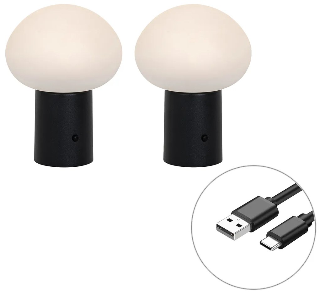 Set van 2 tafellampen mushroom zwart incl. LED oplaadbaar - Louise