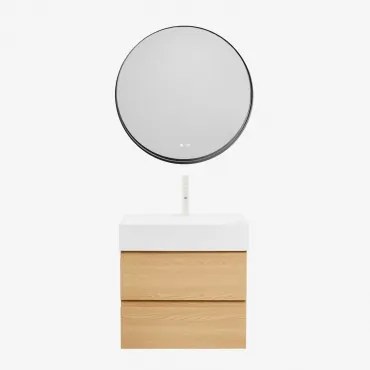 Badkamermeubelset Van Hout En Essenhoutfineer Met Geïntegreerde Wastafel Ona Natuurlijk Hout & Round Led And Antifog Zwart Ø80 Cm Kimacs - Sklum