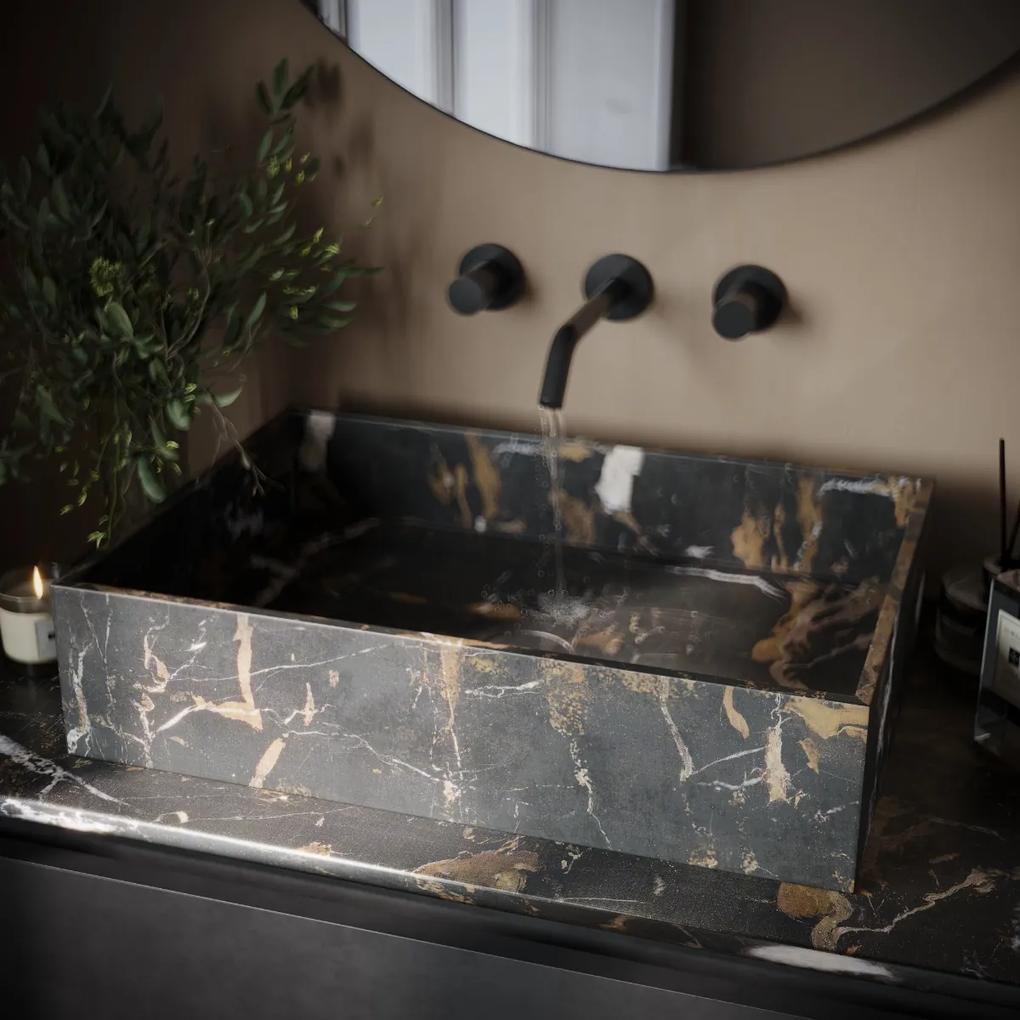 Fontana Portoro Gold marmer warm eiken wastafelmeubel 160cm met toppaneel en rechthoekige waskommen