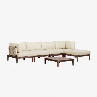 Tuinset Met Modulaire 4-delige Bank Met 2 Hoekfauteuils, Salontafel En Poef In Acacia Giulia Beige – Crème - Sklum