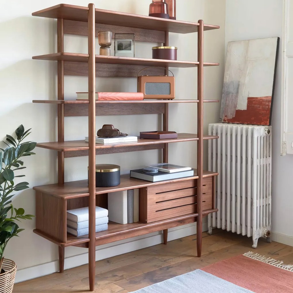 Kave Home Carolin Walnoot Stellingkast Vintage Retro Design - 130x41x169cm.