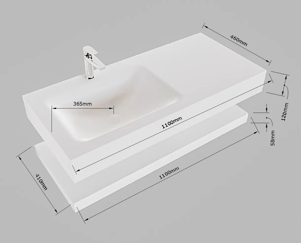 Mondiaz Alan DLux planchet 110cm met wastafel links zonder kraangat opalo