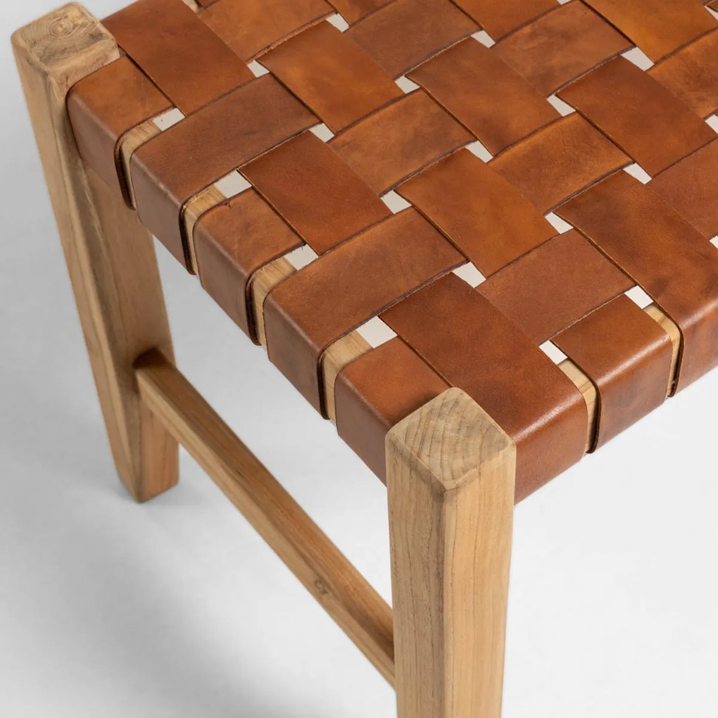 Houten Bankje Met Bruin Leer