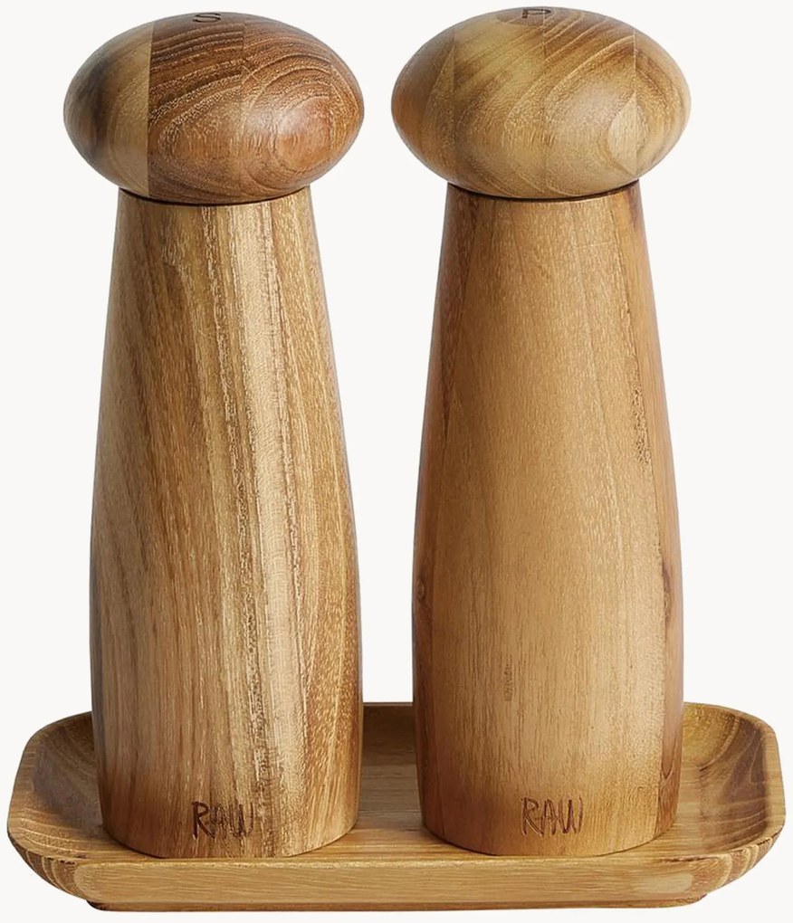 Kruidenmolenset RAW van keramiek en teakhout met dienblad, 3-delig